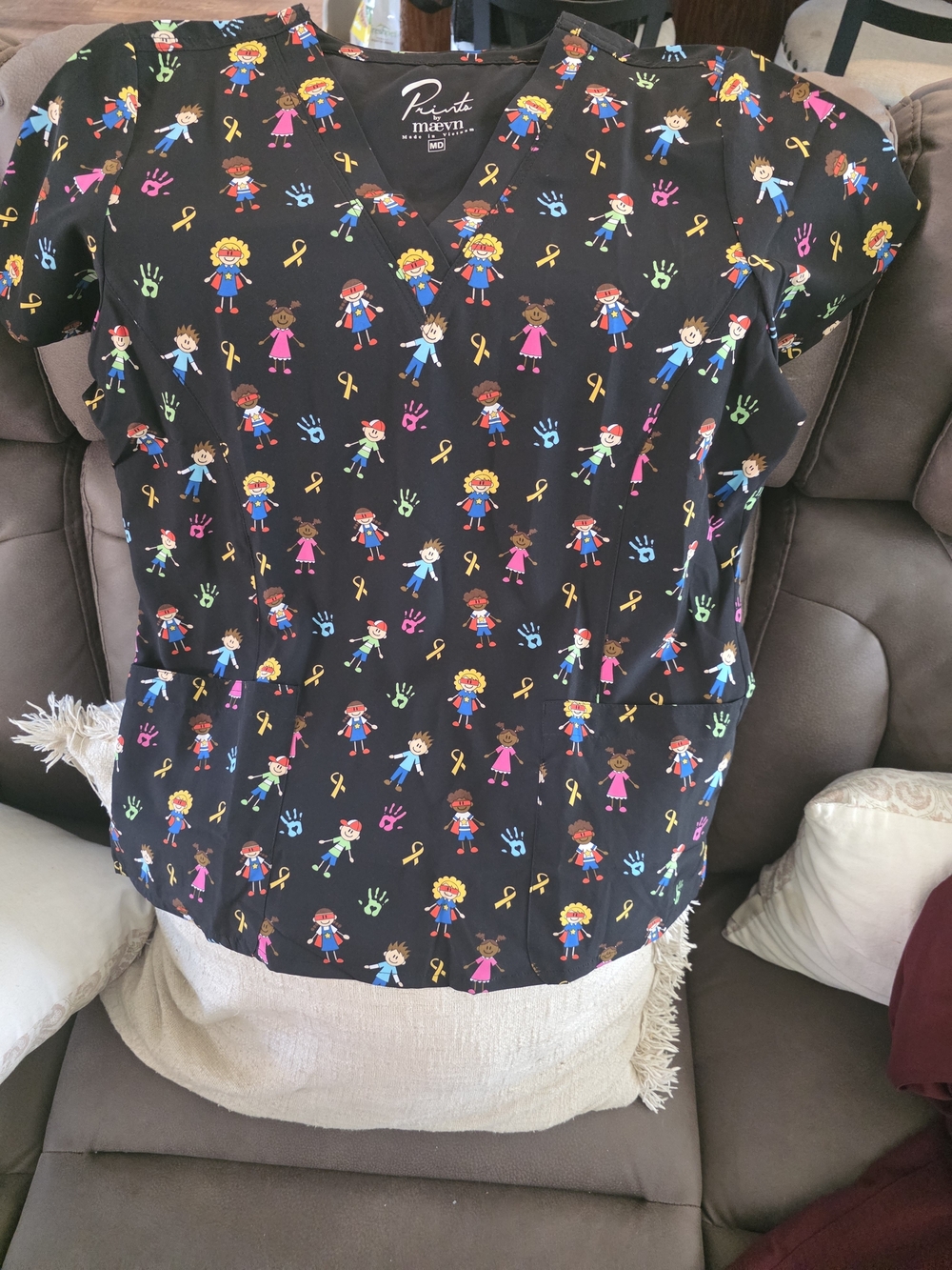 Project Marvel Kids Patterned Scrub Top - Black with Multicolor Figures